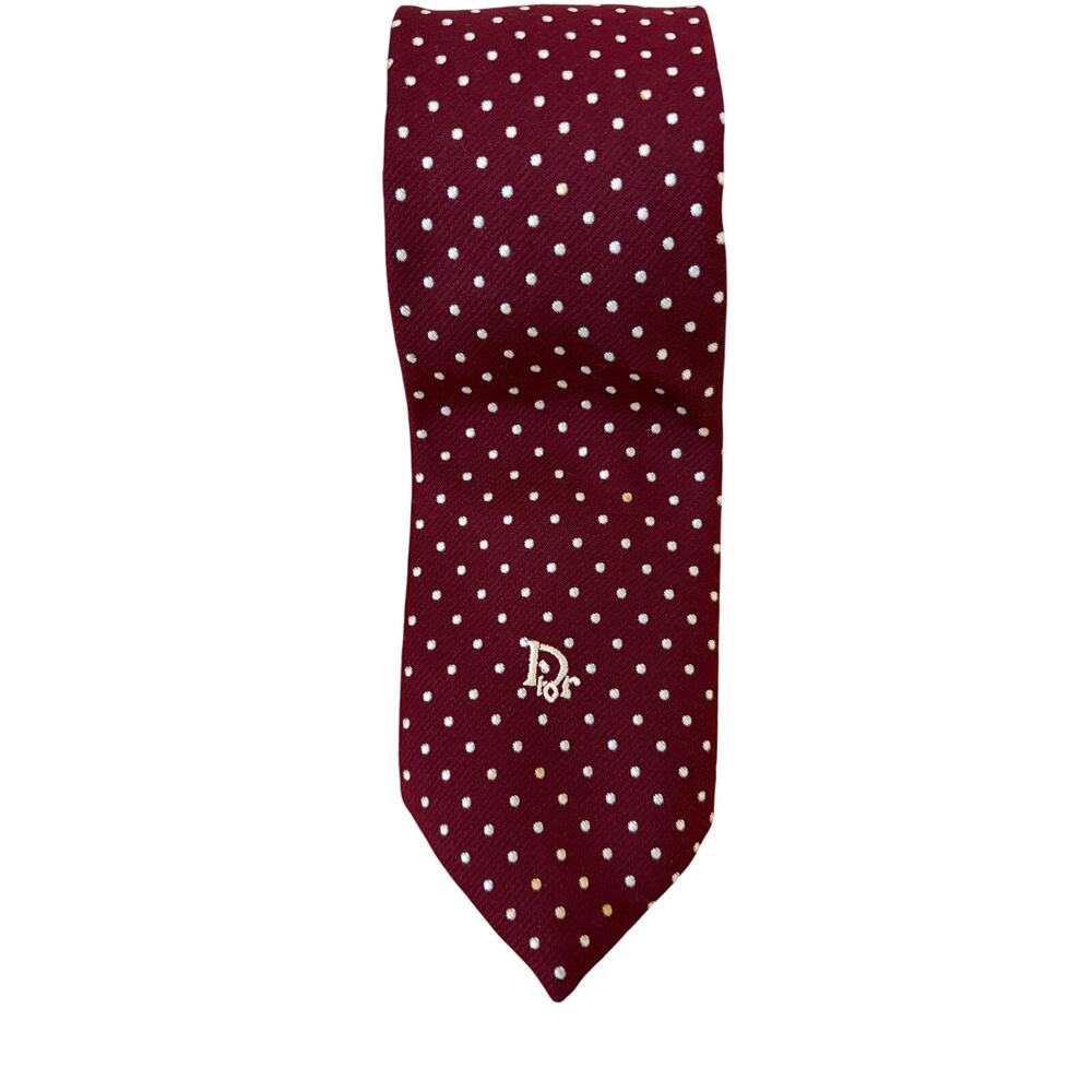 VTG Christian Dior White Polka Dot Motif Burgundy Tie